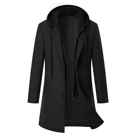 WAIDFU cappotto da uomo di media lunghezza, antivento, vestibilità regolare, invernale, spesso, capispalla con cappuccio rimovibile, nero , xxxl