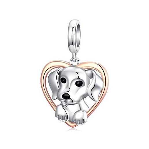 MEETCCY charm a tema gatto e cane, in argento sterling 925, con cuore o impronta della zampa dell'animale con cristalli rosa, compatibile con braccialetti pandora