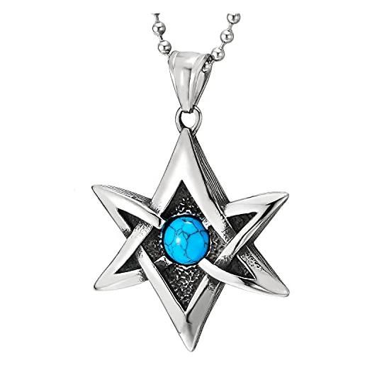 COOLSTEELANDBEYOND annata stella di david ciondolo con pietre turchese, collana con pendente da uomo donna, acciaio, 75cm palla catena