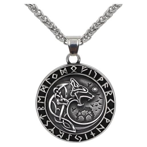 ZFSBRTL collana con ciondolo fenrir lupo vichingo odin, amuleto mitologia norrena da uomo in acciaio inossidabile oro e argento runa vegvisir, gioielli celtici, catena da 60 cm, argento