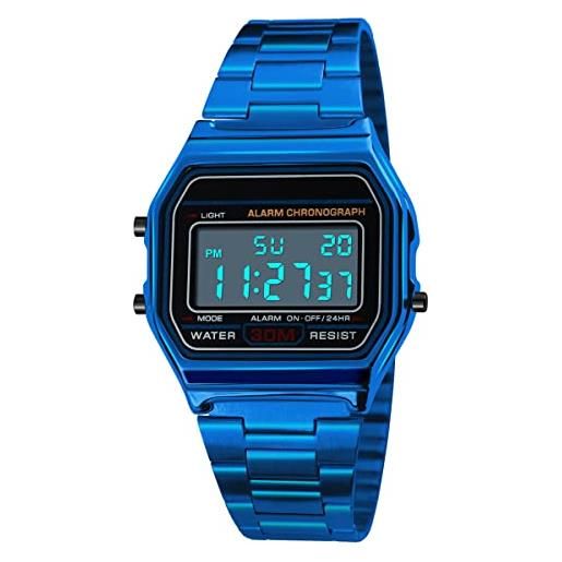 DaMohony orologio digitale da uomo, cinturino in acciaio inox, orologio sportivo digitale, impermeabile elettronico, orologio casual con retroilluminazione el, blu, bracciale