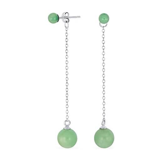Bling Jewelry orecchini a sfera lineari lunghi della catena della giada verde genuina della gemma semplice del penzolare doppio rotondo per le donne. 925 dell'argento sterlina 8mm
