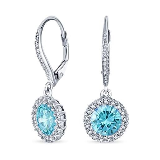 Bling Jewelry 3ct aqua blue round solitaire halo cz lever back dangle earrings simulated aquamarine cubic zirconia. 925 sterling silver