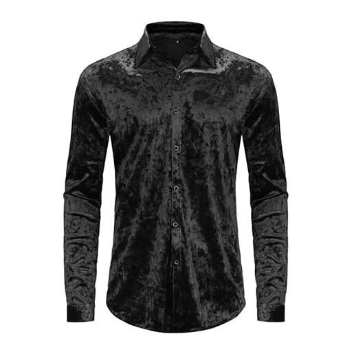 WAIDFU camicia a maniche lunghe in velluto da uomo smart regular fit button down formale camicie da festa nuziale, nero , s