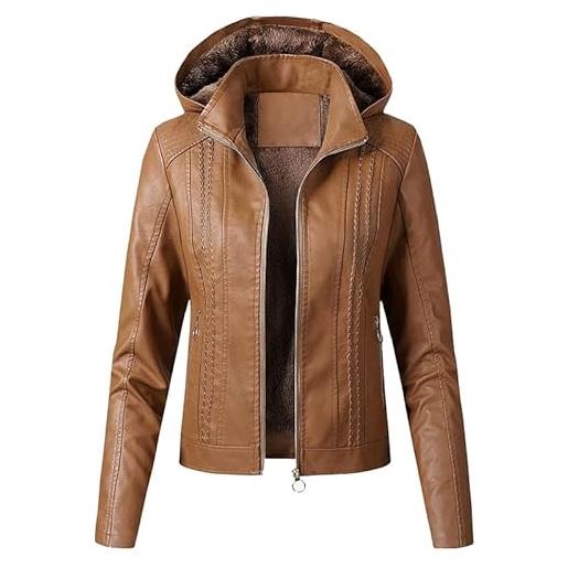 WAIDFU giacche da donna in ecopelle casual collo con cerniera per motociclista cappotto per autunno e inverno, marrone, l