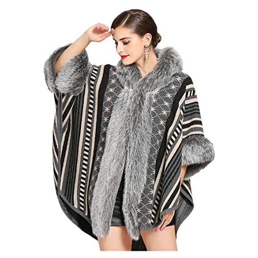 vannawong poncho da donna con collo di pelliccia, motivo marocchino, comodo cappuccio per l'inverno, in misto lana grigio. Taglia unica