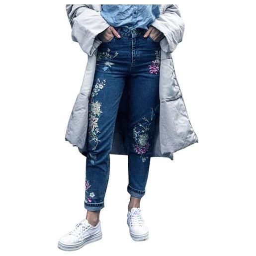 Petalum pantaloni jeans da donna ricamati slim pantaloni in denim a vita alta con ricamo fiorito chic elegante per autunno inverno, blu, 40