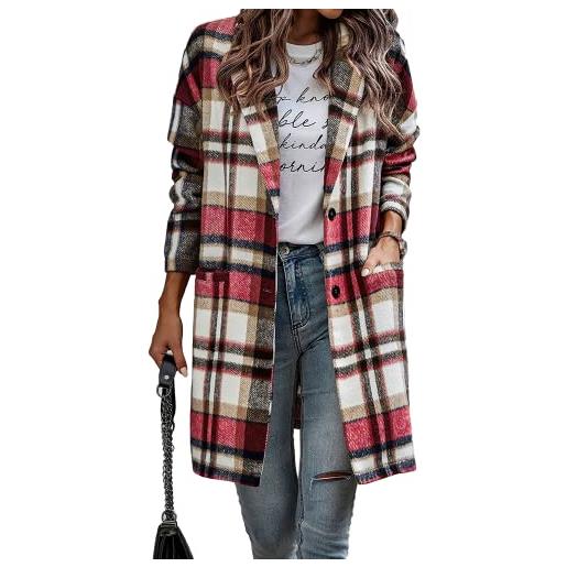 PLbSe cappotto di lana monopetto con risvolto a intaglio da donna giacca lunga scozzese con tasche, rosa, large