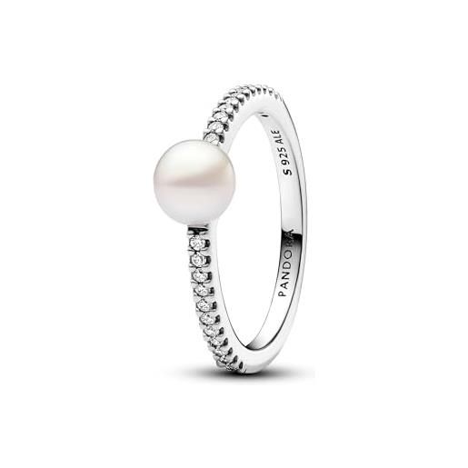 Pandora timeless anello, in argento sterling con perla coltivata d'acqua dolce trattata bianca e zirconia cubica trasparente, 58
