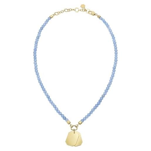 Breil, collana donna collezione private code tj3150, collana di giada blu con due piastrine in acciaio ip gold