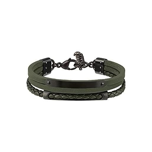 Breil - men's bracelet b mix collection tj3089 - gioielleria uomo - braccialetto per uomo in pelle verde e acciaio, con triplo passante intorno al polso - lunghezza regolabile da 17 cm a 23 cm