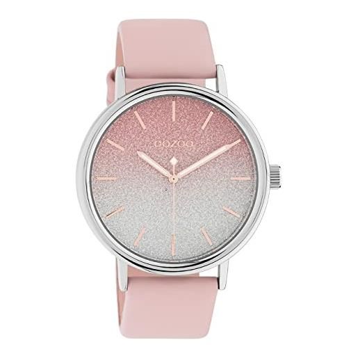 Oozoo timepieces - orologio da polso da donna con cinturino in pelle da 20 mm, orologio da donna di alta qualità, analogico, rotondo, argento/rosa glitterato, misura unica, cinghia
