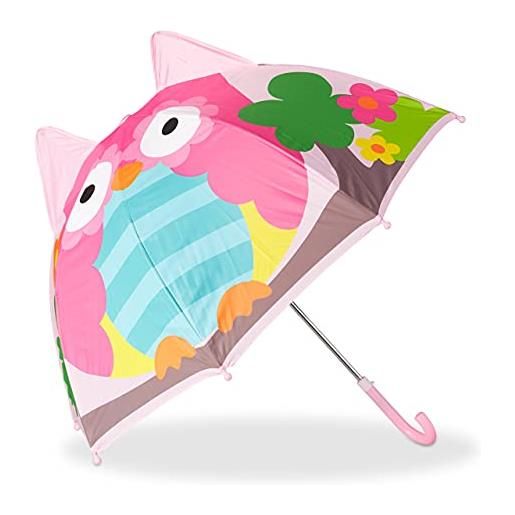 Relaxdays 10022286_769 ombrello per bambini con gufo 3d, parapioggia per bimba e bimbo, piccolo bastone ombrellino da 14 anni