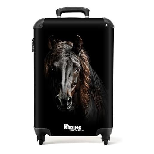 NoBoringSuitcases.com © valigia rigida con rotelle, trolley, bagaglio a mano, 4 ruote, lucchetto tsa (ritratto di cavallo frisone su sfondo nero, 55x40x20 cm)