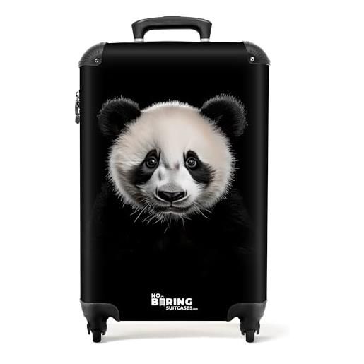 NoBoringSuitcases.com © valigia rigida con rotelle, trolley, bagaglio a mano, 4 ruote, lucchetto tsa (ritratto di orso panda su sfondo nero, 55x40x20 cm)