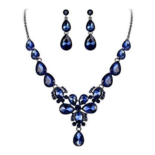 EVER FAITH parure gioielli cristallo fiore aperto collana pendente orecchini set blu navy nero-fondo