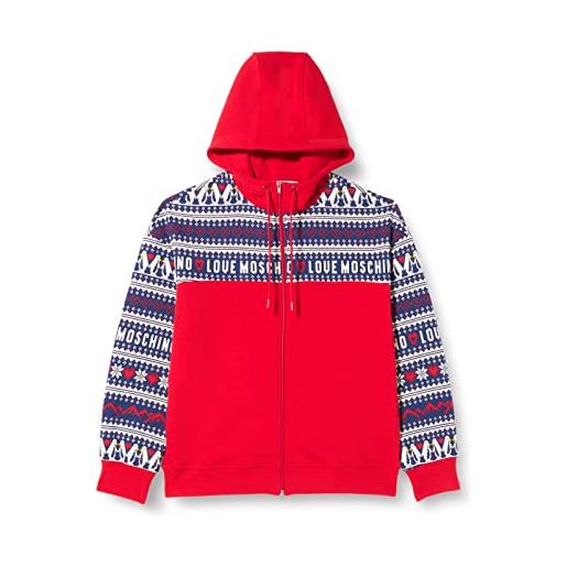 Love Moschino zippered hooded in organic cotton-polyester fleece with sleeves and chest allover hearts & penguins printed. Giacca, ble red white, 42 da donna