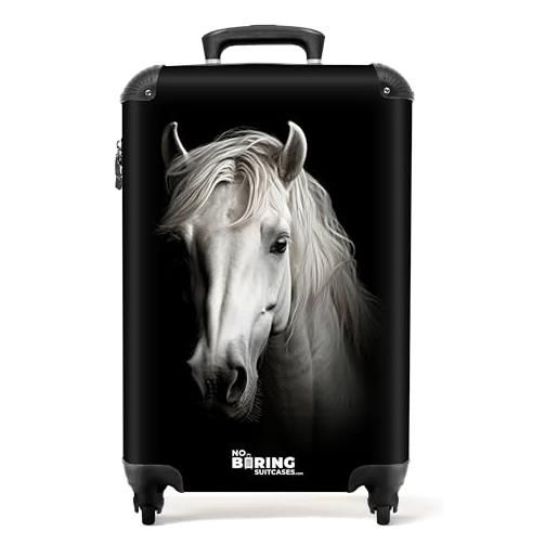 NoBoringSuitcases.com © valigia rigida con rotelle, trolley, bagaglio a mano, 4 ruote, lucchetto tsa (ritratto di cavallo bianco su sfondo nero, 55x40x20 cm)