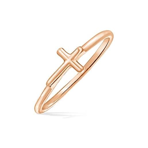 Bling Jewelry anello semplice e minimalista con nocca di mezzo, banda sottile da 1 mm, impilabile con croce religiosa laterale per adolescenti, placcato in oro giallo 14 carati, argento 925. 