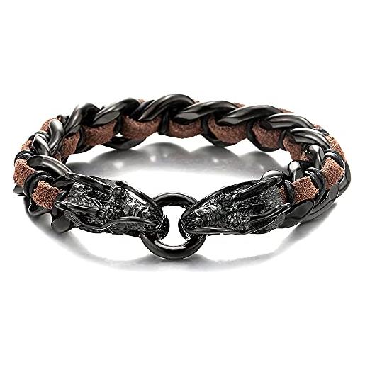 COOLSTEELANDBEYOND biker nero braccialetto del drago, bracciale da uomo, barbozzale, acciaio inossidabile, strisce miste, marrone pelle