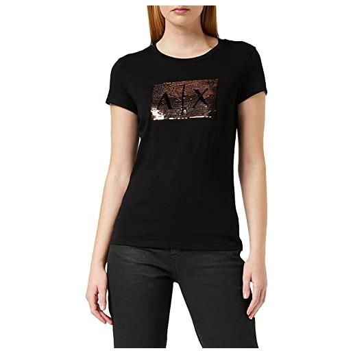 Armani Exchange basic con logo sequin, t-shirt, donna, nero (black with gold), xl