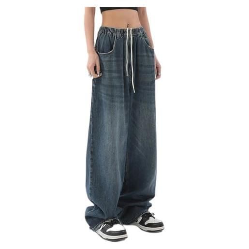 WEITING jeans larghi retrò americani da donna jeans oversize con elastico in vita gamba larga street straight basic stile quotidiano-blu scuro-s