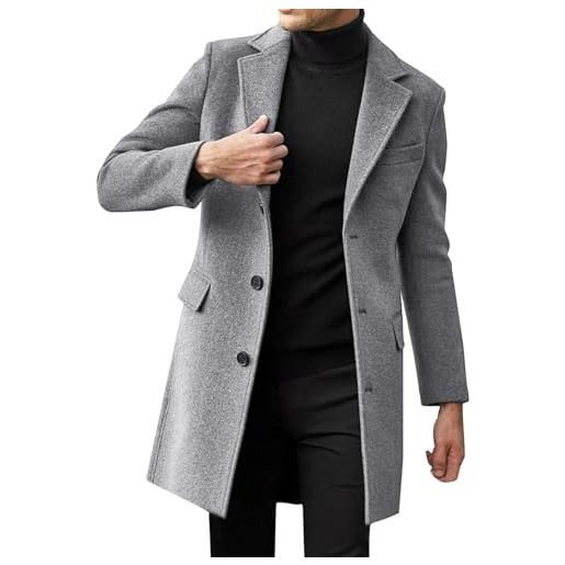 Yeooa trench da uomo cappotto classico monopetto con risvolto sottile cappotto invernale cappotto da lavoro caldo leggero cappotto casual a fessura lunga (grigio, m)