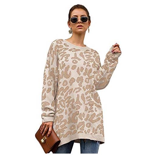 Dehots - cardigan da donna, maglione leopardato, a maniche lunghe, per autunno e inverno # 03 - beige m