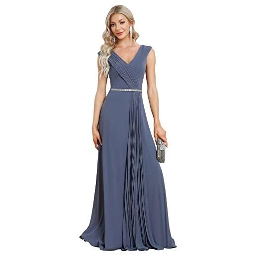 Ever-Pretty vestito da cerimonia donna lungo plissettato scollo a v maniche corte vintage abito da sera blu tempesta 38