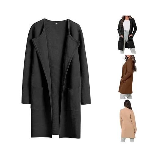 LinZong spring autumn lapel classy cardigan, womens long wool open front knit trench coat, long sleeve sweaters dress coats (m, black)
