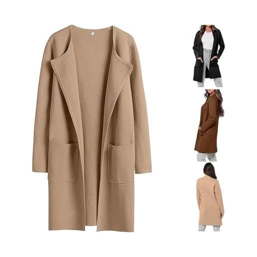 LinZong spring autumn lapel classy cardigan, womens long wool open front knit trench coat, long sleeve sweaters dress coats (s, khaki)
