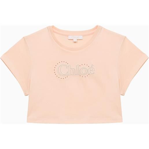 Chloé t-shirt croped rosa pallido in cotone con logo