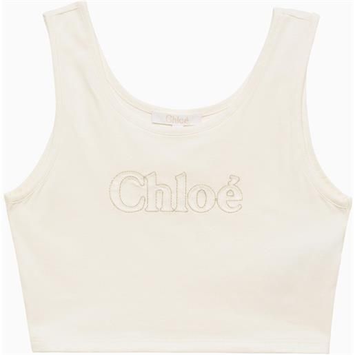 Chloé top cropped bianco in cotone con logo