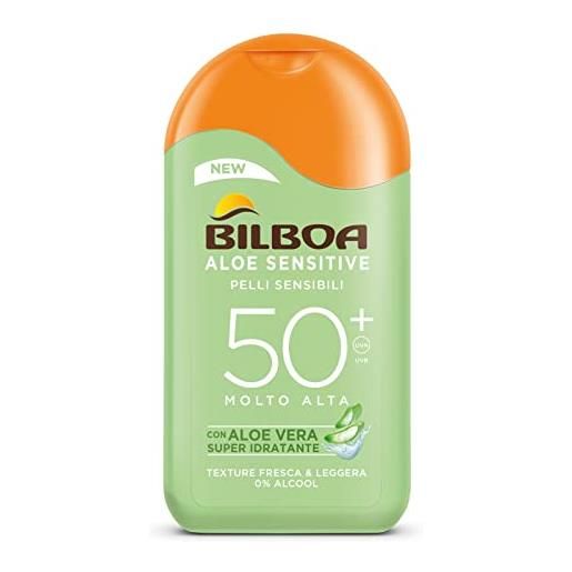 Bilboa, protezione solare corpo aloe sensitive spf 50+, latte solare alta per pelli sensibili, formula con aloe vera, senza alcool, dermatologicamente testato, 200 ml