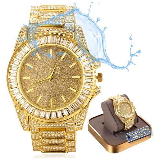 HALUKAKAH orologio da uomo in oro con diamanti premium, lusso placcato in vero oro 18k, base impermeabile, quadrante scintillante starlight con diamanti, iced out, bracciale 24cm, scatola regalo inclusa
