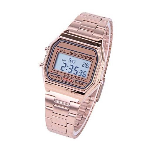 Qqmora orologio digitale orologio in acciaio inossidabile orologio rettangolare orologio portatile retroilluminato con buona lucentezza(oro rosa)