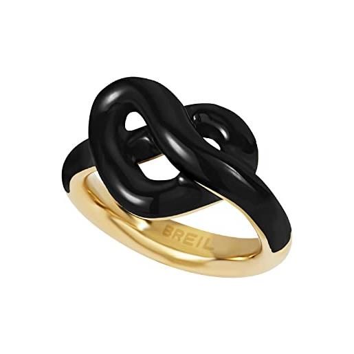 Breil, collezione b&me, anello donna knot love, in acciaio lucido ip gold e smalto nero, design minimal, misura 16