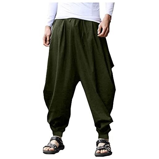 YAOHUOLE pantaloni da uomo in cotone e lino, larghi, stile harem, gamba larga, pantaloni kidoriman con coulisse, costume da pirata, hippie, verde militare, m