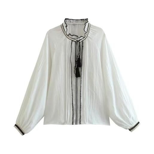 OKGD camicia da donna a maniche lunghe con scollo a v casual ricamato con volant decorativo - bianca - s