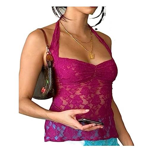 CIRONI ladies sexy halter bandage lace see through crop top for le donne summer backless slim party tops vest (color: rose red, size: s)