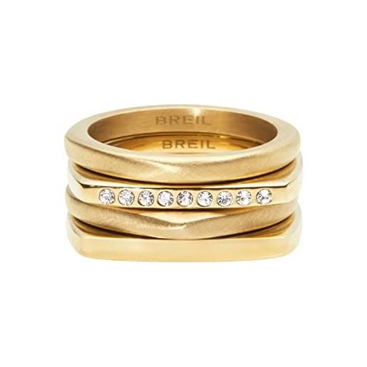 Breil, collezione new tetra, set di 4 anelli donna in acciaio ip gold, con cristalli, ideali da indossare insieme o separatamente, colore gold, misura 18, gioielli donna e ragazza