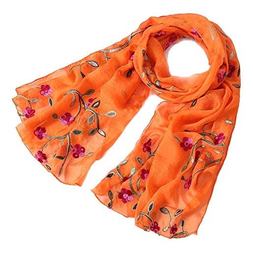 QXIYUAN sciarpa di seta ricamata a fiori moda donna all-match sciarpa primavera ed estate da donna asciugamano da spiaggia scialle anti-sai simulazione seta arancione
