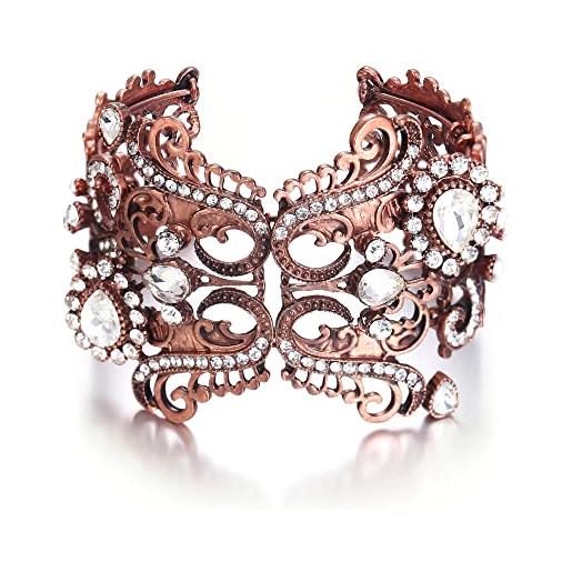 EVER FAITH bracciale floreale vintage per donne ragazze, cristalli di strass art deco bracciale etnico vintage colore rame