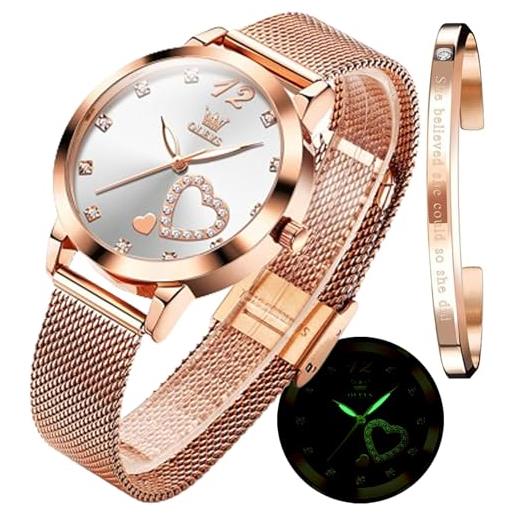 OLEVS donna orologio regali set con bracciale oro rosa per donna minimalista semplice slim sottile casual analog quartz orologi da polso impermeabile due tono