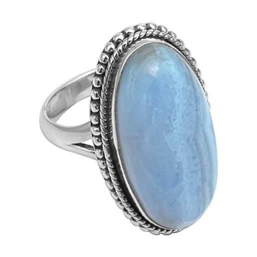 Silver Palace anello in argento sterling 925 con pietra preziosa ovale in agata di pizzo blu naturale per donne e ragazze, metallo metallo gemma, agata con pizzo blu