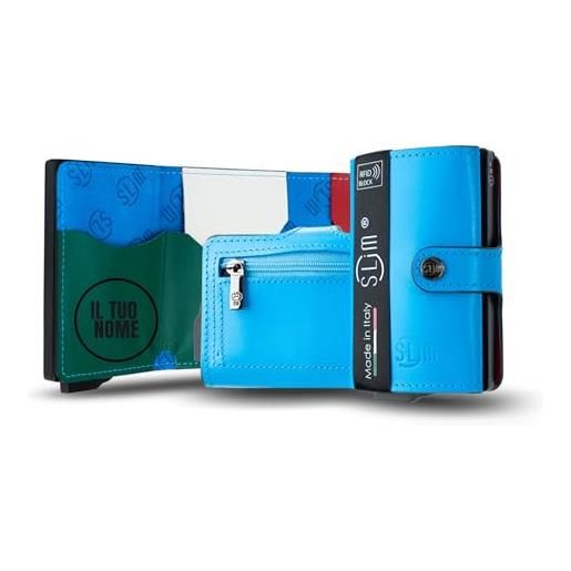 SLim portafoglio personalizzabile porta carte di credito schermato portacarte anticlonazione uomo donna personalizzabile (azzurro italia con zip)