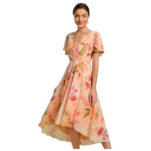 Ever-Pretty vestito elegante donna cerimonia manica corta collo a v gonna midi stampato pesca 44