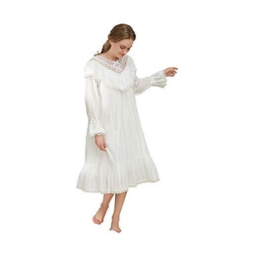 QIKEGooods - camicia da notte da donna, 100% cotone, stile vittoriano, a maniche lunghe gt1702-bianco xl