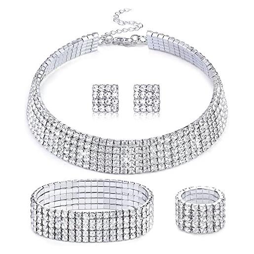 Kakonia set di gioielli in cristallo con strass collana girocollo con strass orecchini bracciale elasticizzato con strass anello gioielli per feste nuziali 5 file
