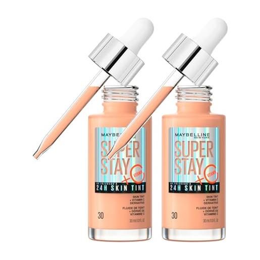 Maybelline new york fondotinta in siero superstray skin tint con vitamina c tenuta 24h effetto naturale tonalità 30 formula vegana - 2 flaconi da 30ml